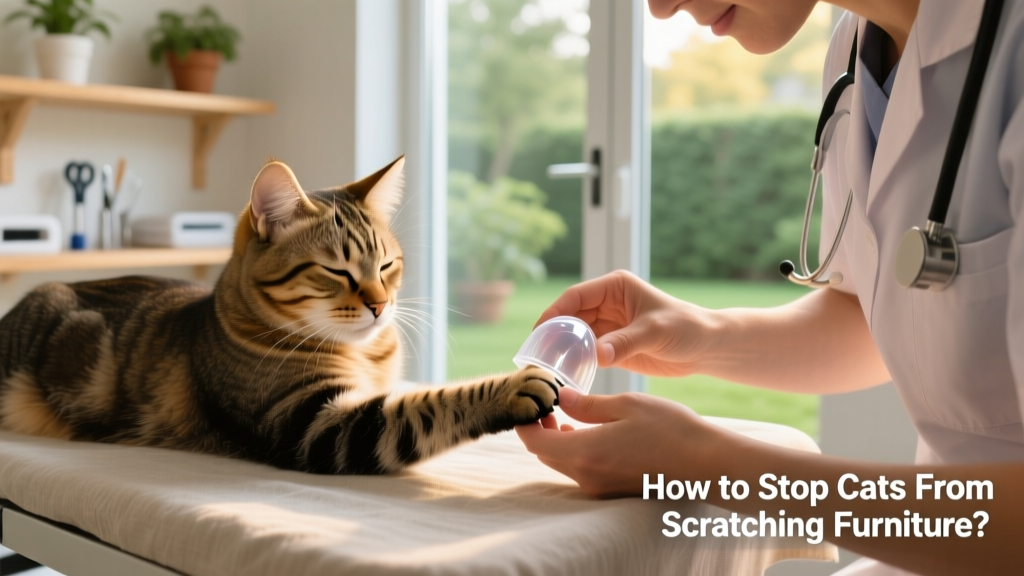 Veterinarian applying a soft, clear nail cap to a relaxed cat’s front paw