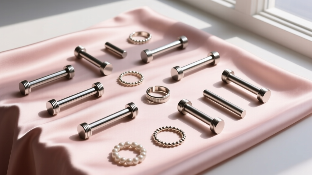 Top-down flat lay of 14-gauge titanium straight barbells and bead rings on blush silk, illuminated by soft natural window light