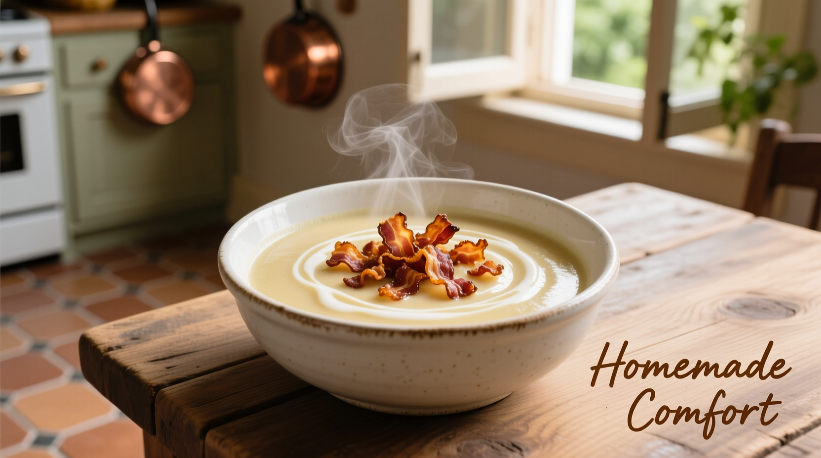 Creamy potato soup in white bowl with bacon garnish