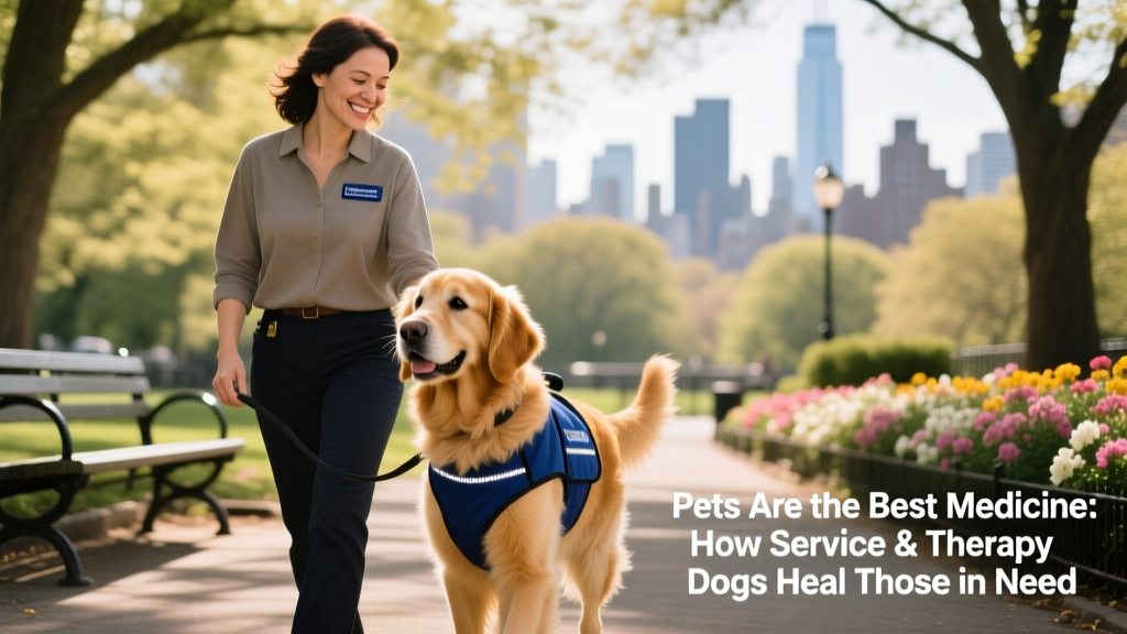 service dog handler with her goldendoodle service dog in vest