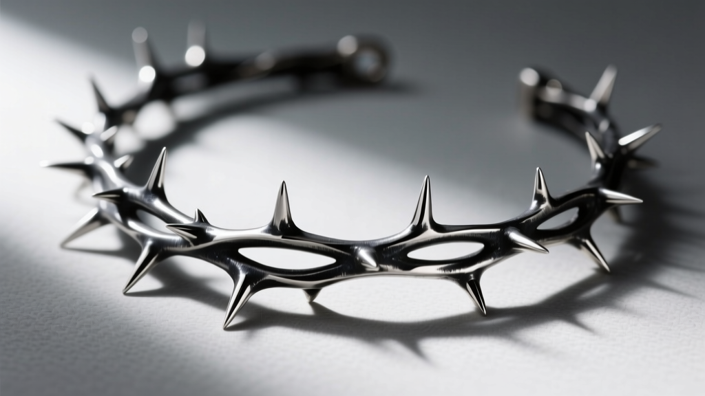 Macro shot of a hand-forged 16-gauge sterling silver thorn necklace highlighting sharp points and dark oxidized patina finish.