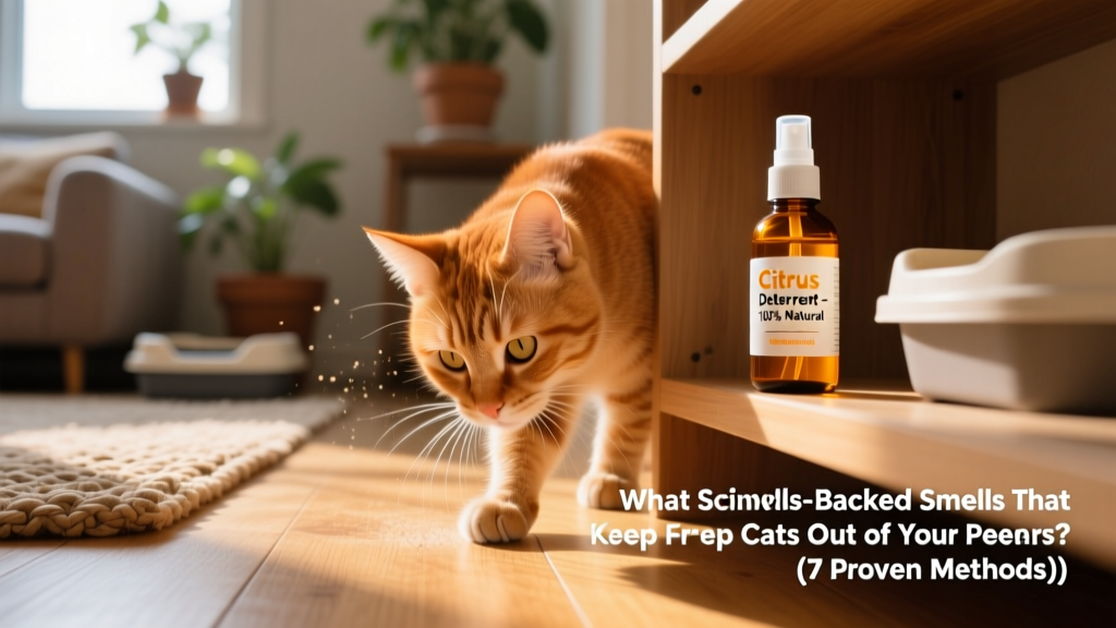 Close-up of a cat sniffing cautiously at a corner of a room, with a subtle citrus-scented spray bottle nearby