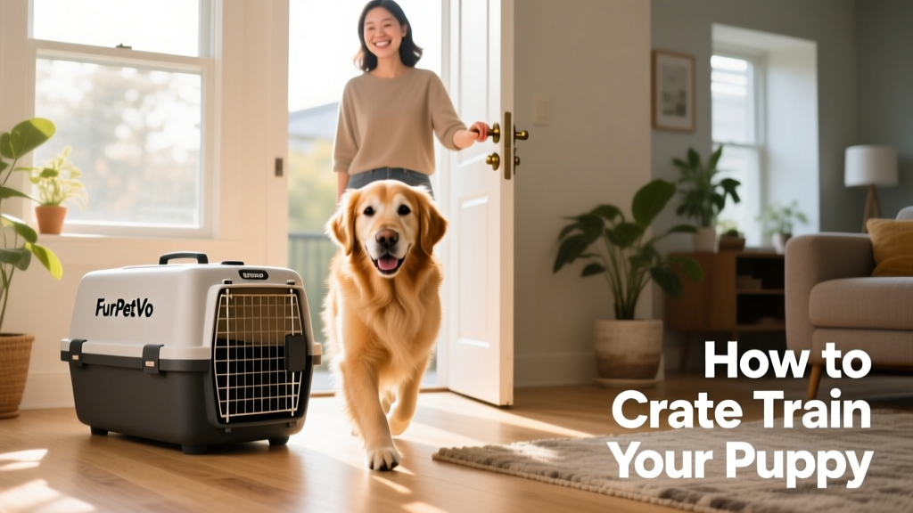 A happy, relaxed dog emerging from a FurPetVo crate and walking calmly toward the door with their owner