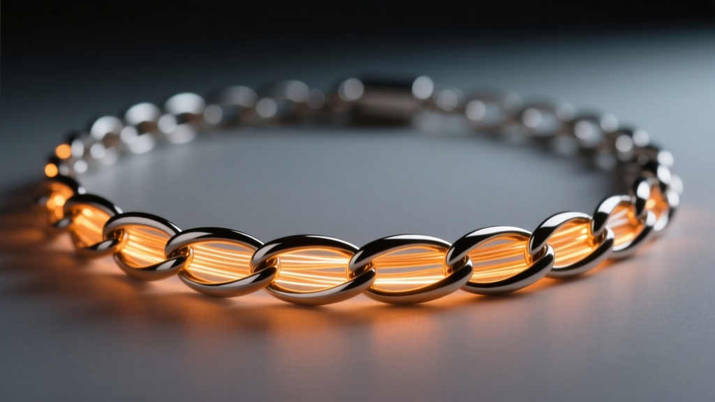 Macro shot of a side-glow fiber optic necklace light woven into a steel chain, emitting a warm amber hue in low light conditions