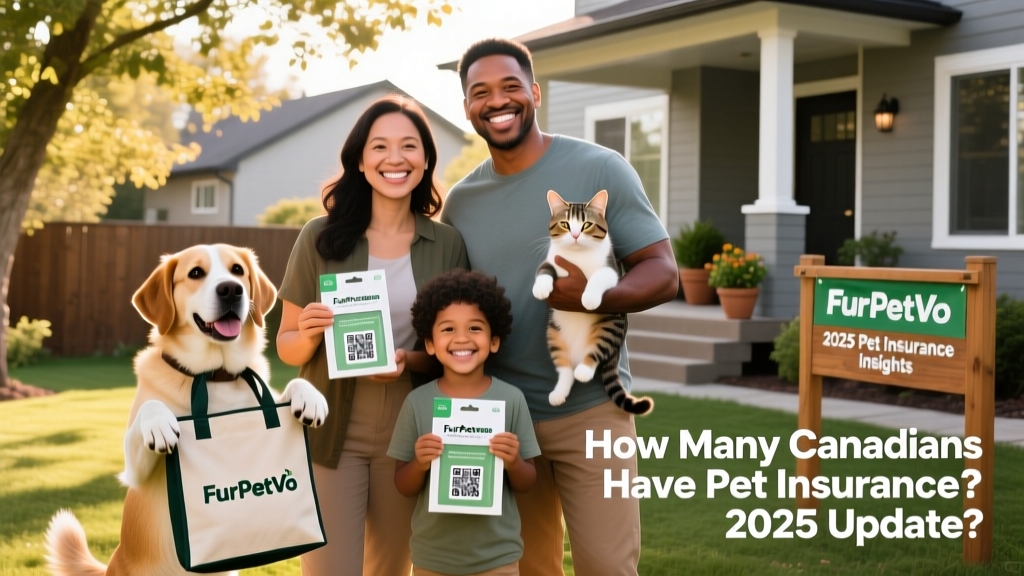 Happy family smiling with their dog and cat, holding FurPetVo welcome kits with branded tote bags and ID tags