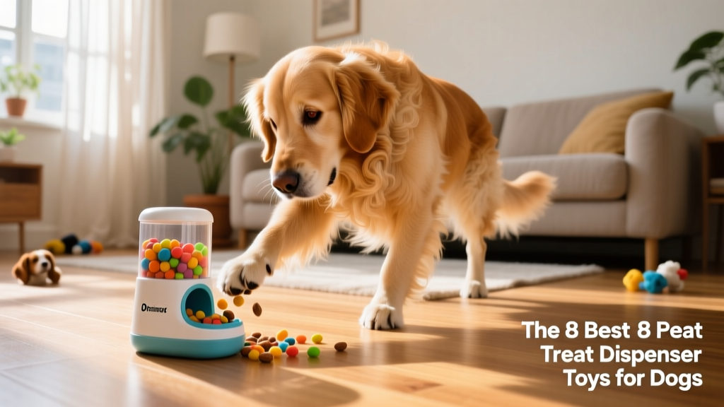 A dog intently working a treat dispenser toy on a living room floor