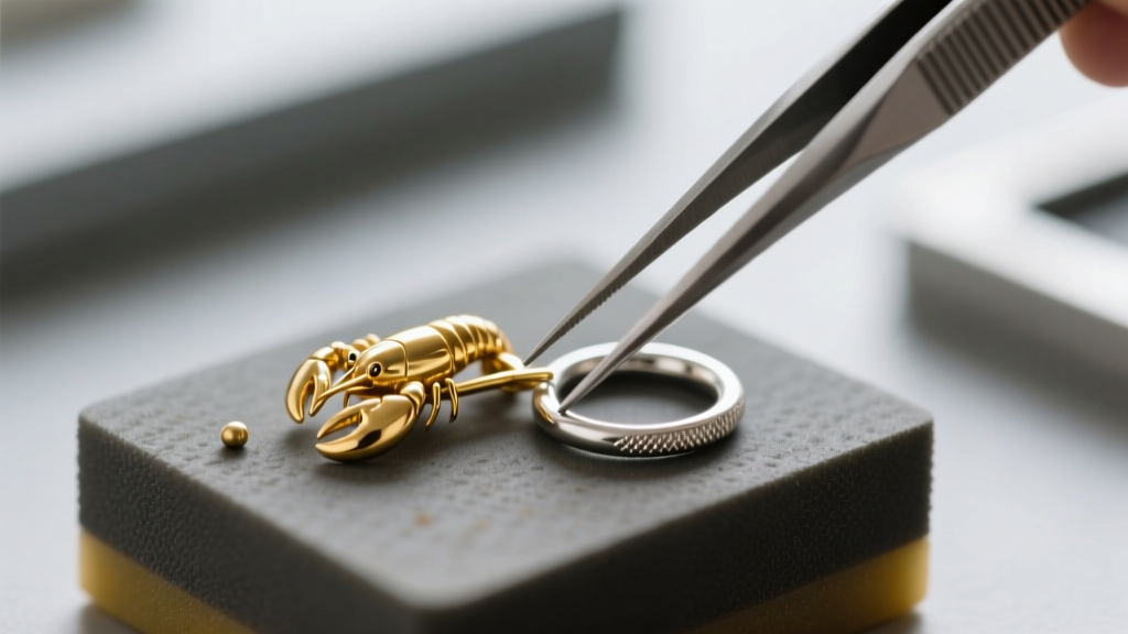 Loupe view of a 5mm gold lobster clasp and 20-gauge jump ring being repaired with precision tweezers on a rubber bench block.