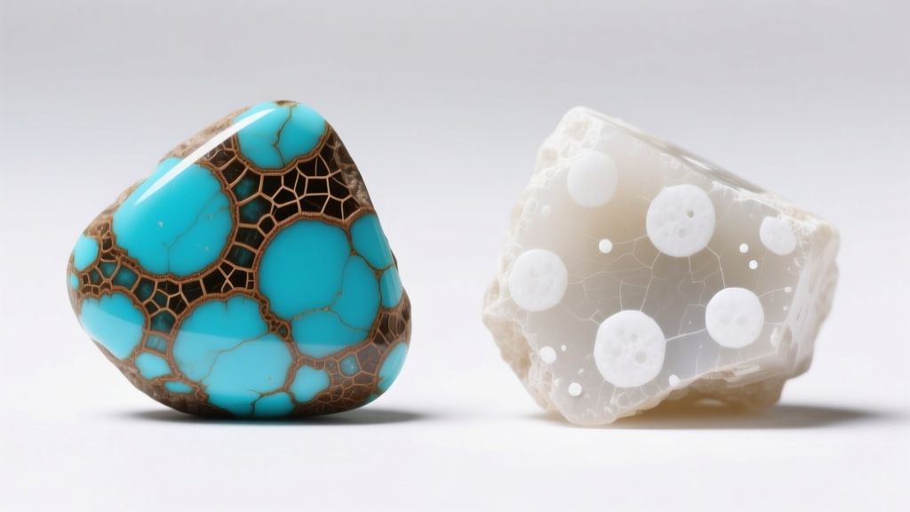 Side-by-side macro comparison of natural turquoise with brown matrix webbing next to dyed howlite showing unnatural white spots.