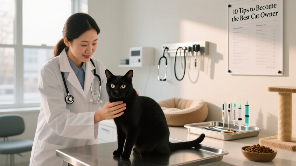 A veterinarian gently examining a calm cat during a routine check-up, with tools and charts visible in the background