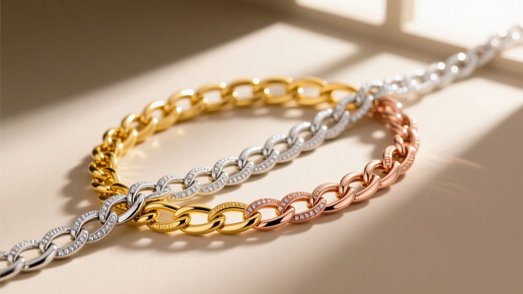 Close-up of three Roberto Coin chain links showing distinct hues of 18k yellow, palladium-rich white, and rose gold alloys.