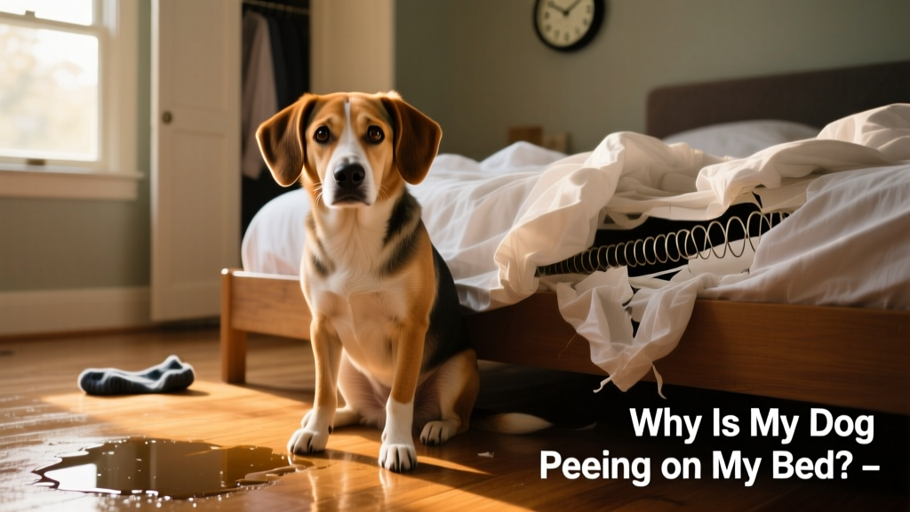 A confused-looking dog sitting beside a freshly stripped bed with a small puddle nearby