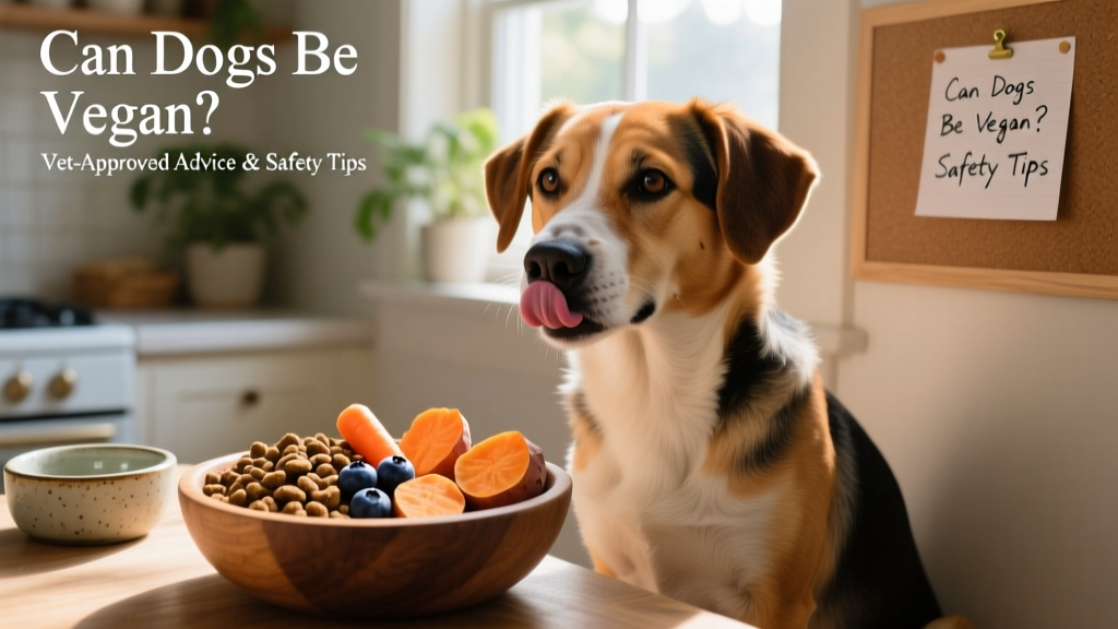 The dog sits near a bowl of food and licks his tongue, dry food and fresh vegetables and fruits