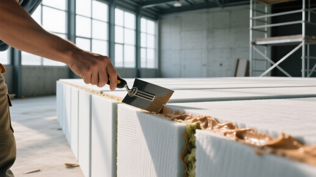 Contractor applying acoustic sealant around the perimeter of rigid mineral wool boards to ensure continuous air sealing