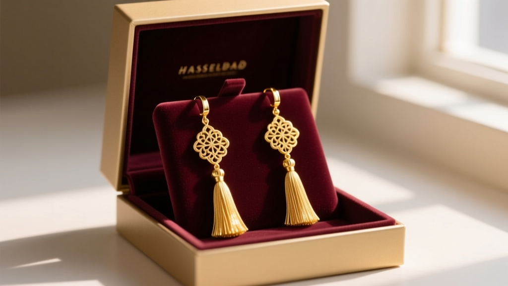Elegant gift box open on velvet revealing a pair of 18K yellow gold long tassel earrings catching warm ambient light.