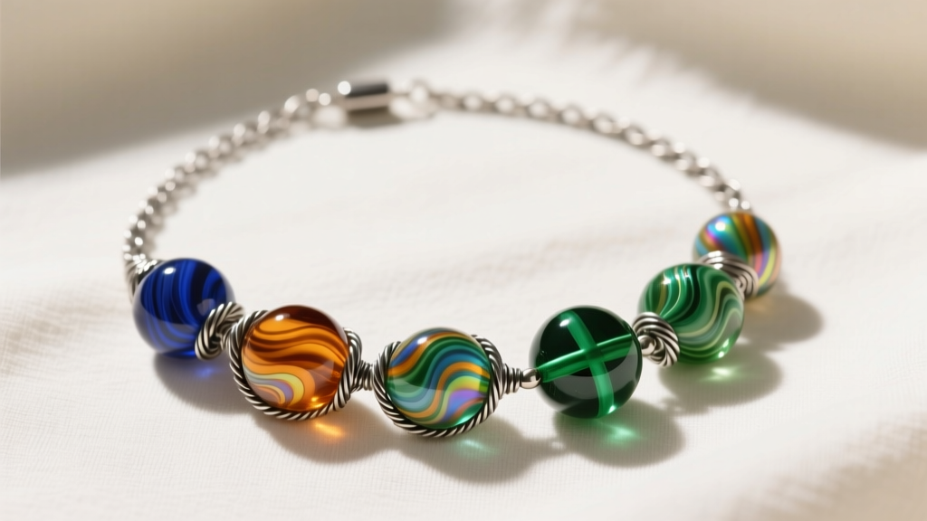 Overhead view of an asymmetrical beaded choker with wire-wrapped lampwork beads balanced by a delicate, oxidized silver chain.