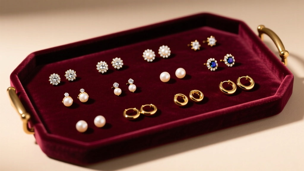Top-down view of a velvet tray holding various 6mm stud earrings, small pearls, and tiny gold hoops under warm ambient lighting
