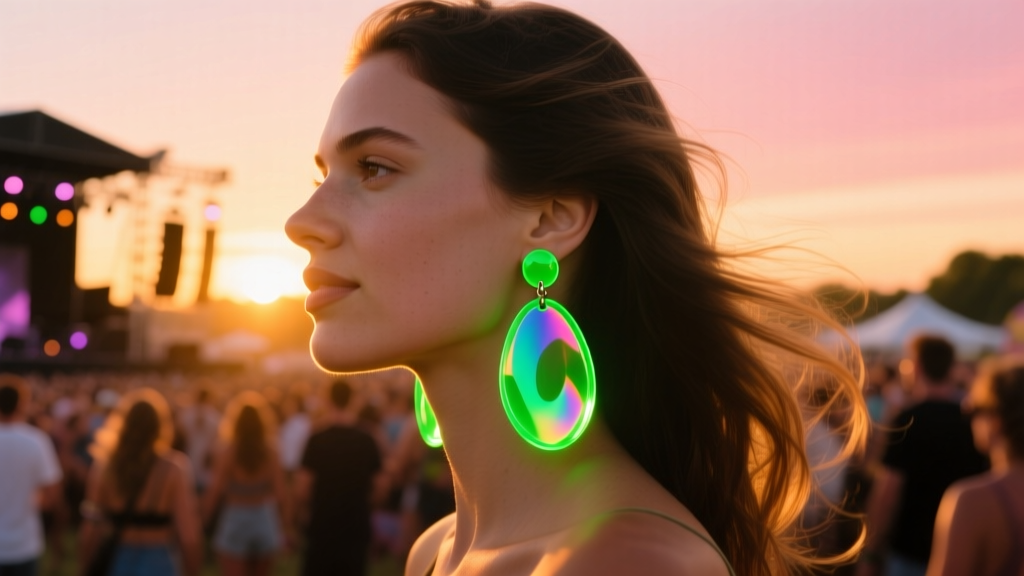 Woman at a music festival wearing oversized UV-reactive green acrylic dangle earrings, captured in a golden hour side profile.