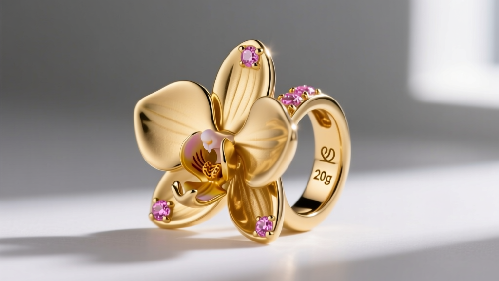 Loupe view of hallmark and 20g post on 18k gold orchid hawaii flower ear cuff featuring small pink sapphire gemstone accents