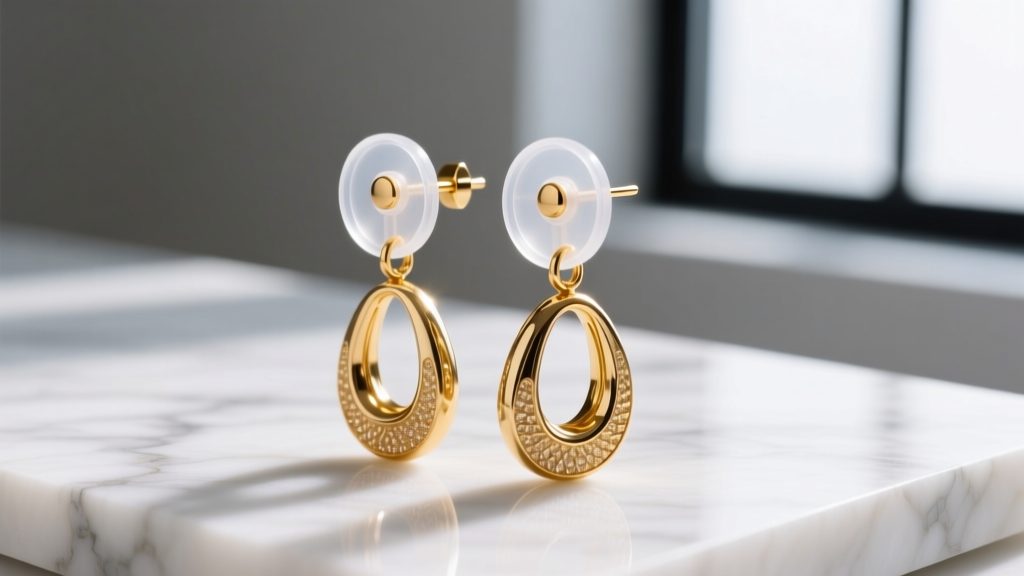 A pair of clear silicone earring support pads sliding onto a heavy gold drop earring post, shown on a clean white marble surface.