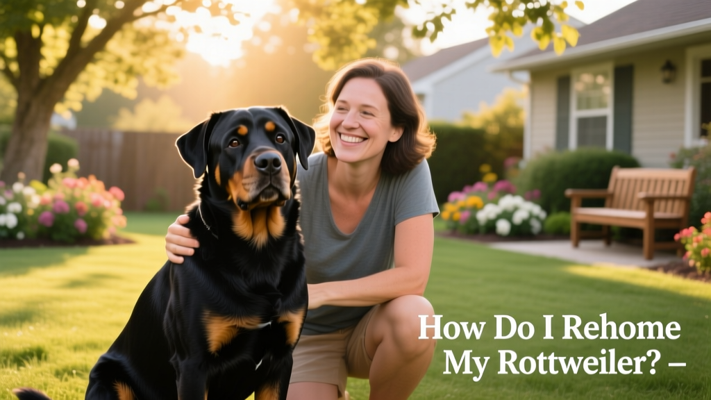 A calm, well-groomed Rottweiler sitting beside a smiling adult in a sunlit backyard