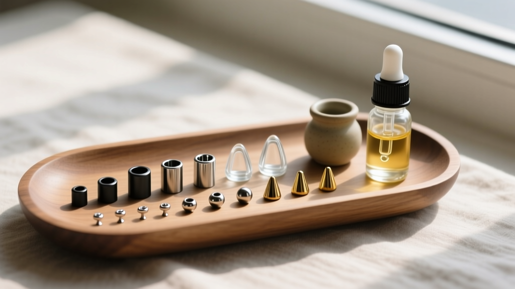 Overhead shot of a wooden tray displaying various earring gauges from 20G studs to 0G glass plugs alongside jojoba oil and saline