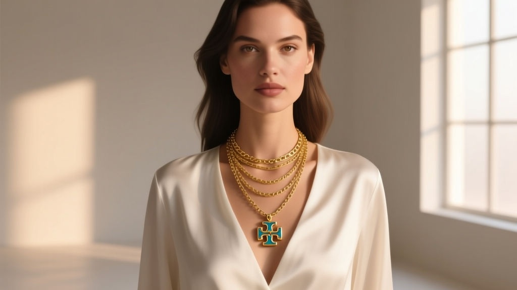 Woman wearing a layered gold Tory Burch pendant necklace over a white silk blouse, soft window light highlighting enamel details