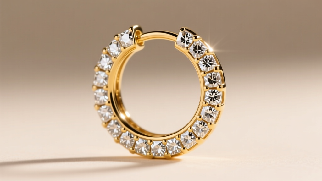 Macro shot of a channel-set diamond circle hoop earring, showing aligned square-cut diamonds secured in polished 18k yellow gold.