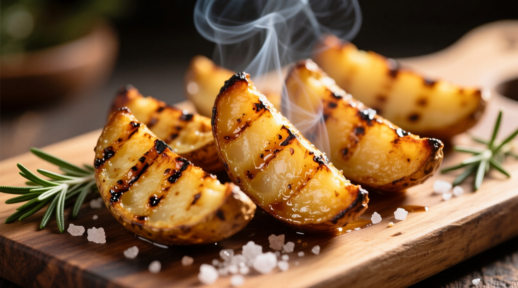 Grilled potato wedges with golden crispy edges on grill