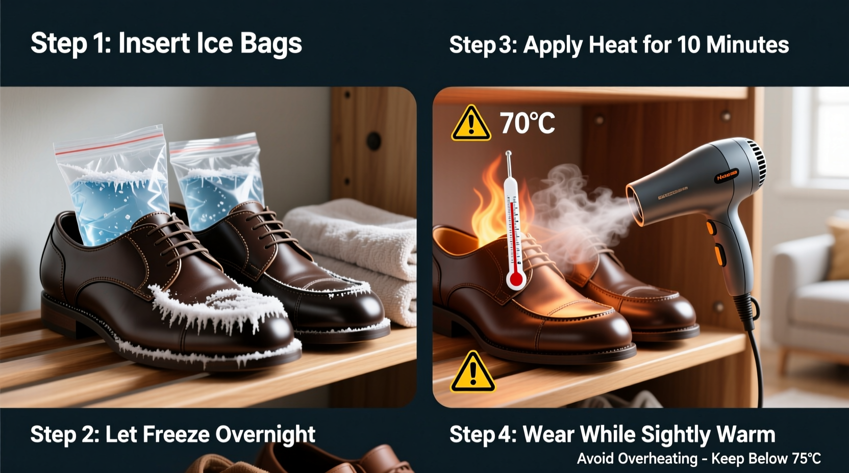 how to safely stretch tight shoes at home using ice or heat methods