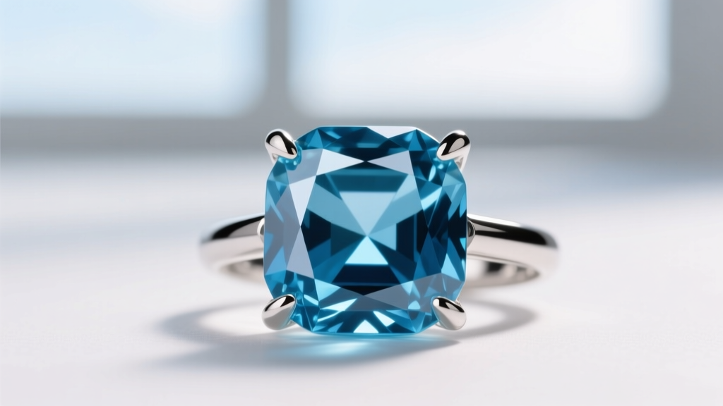 Macro shot of an emerald-cut Santa Maria aquamarine gemstone in a four-prong platinum setting showing deep blue saturation