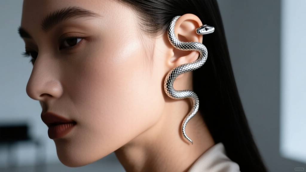 Model wearing a detailed sterling silver serpent ear cuff wrapping around upper cartilage, lit with cinematic fantasy lighting