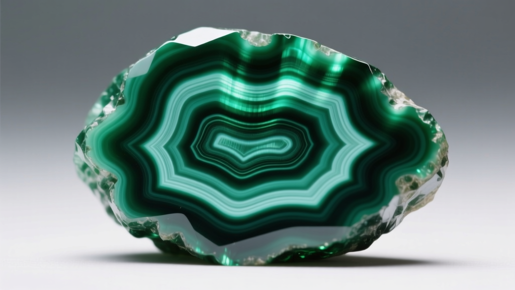 Extreme macro photography of natural malachite showing distinct concentric green banding and chatoyancy under soft light