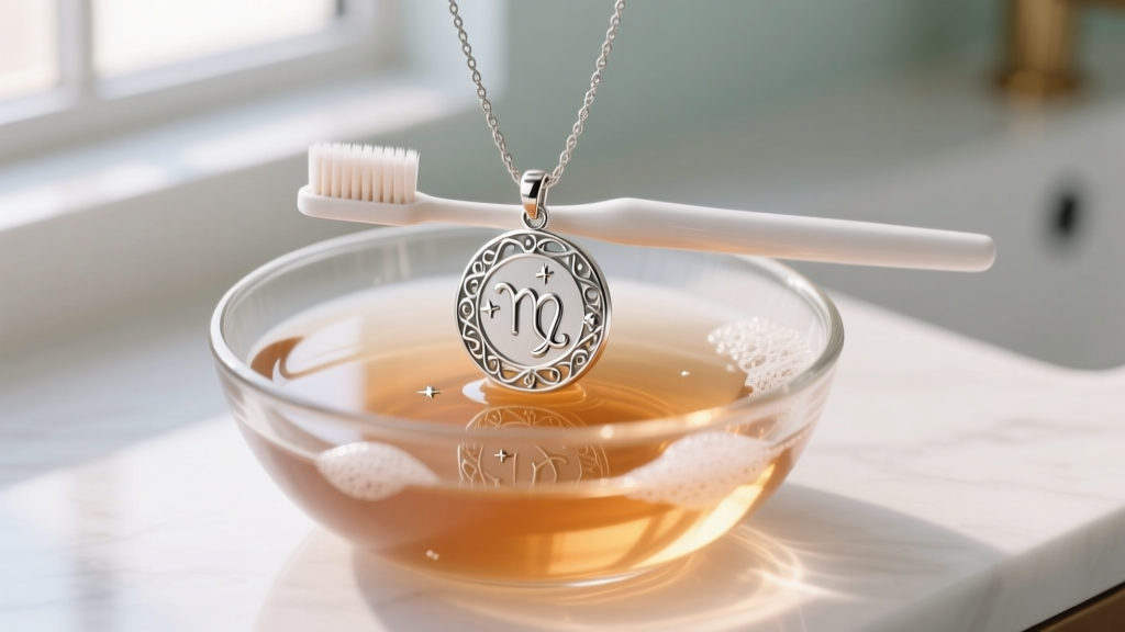 Soft toothbrush gently cleaning a sterling silver virgo constellation pendant submerged in a glass bowl of warm soapy water.