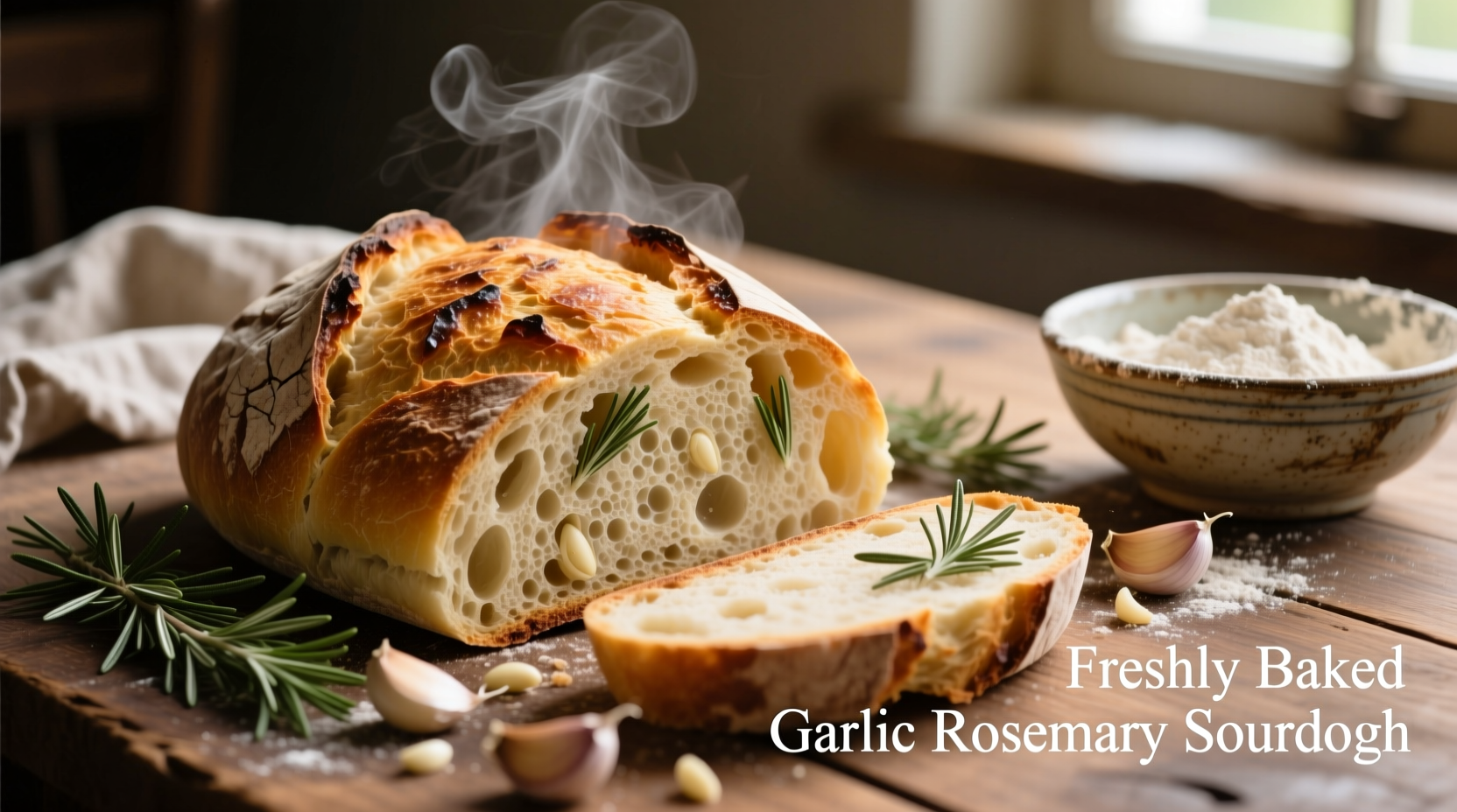 Freshly baked garlic rosemary sourdough loaf