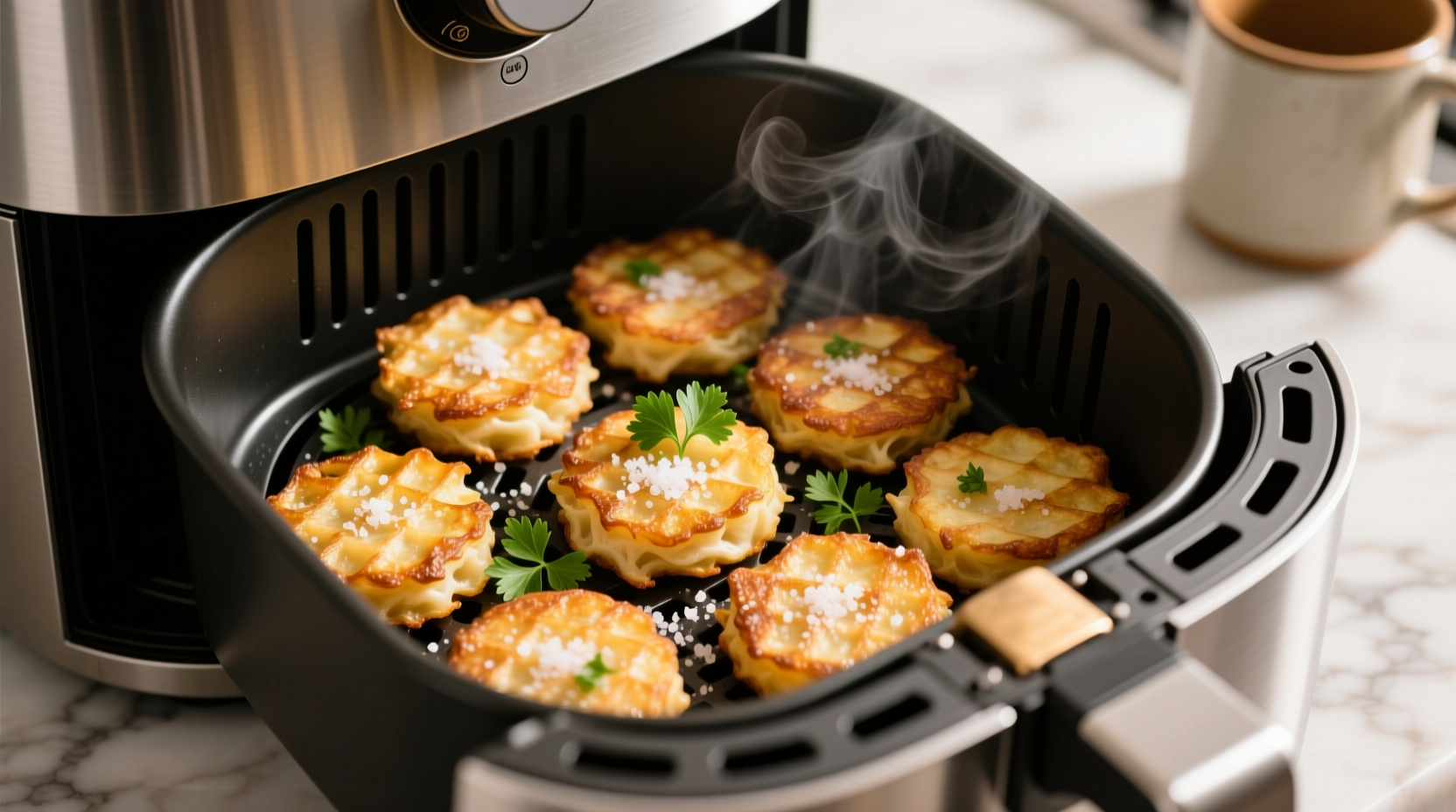 Golden brown hash brown patties in air fryer basket