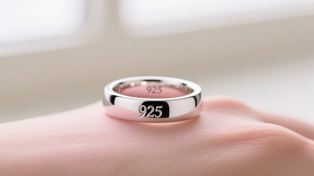 A macro shot of a 925 sterling silver ring on sensitive skin, soft lighting highlighting the inner hallmark stamp.