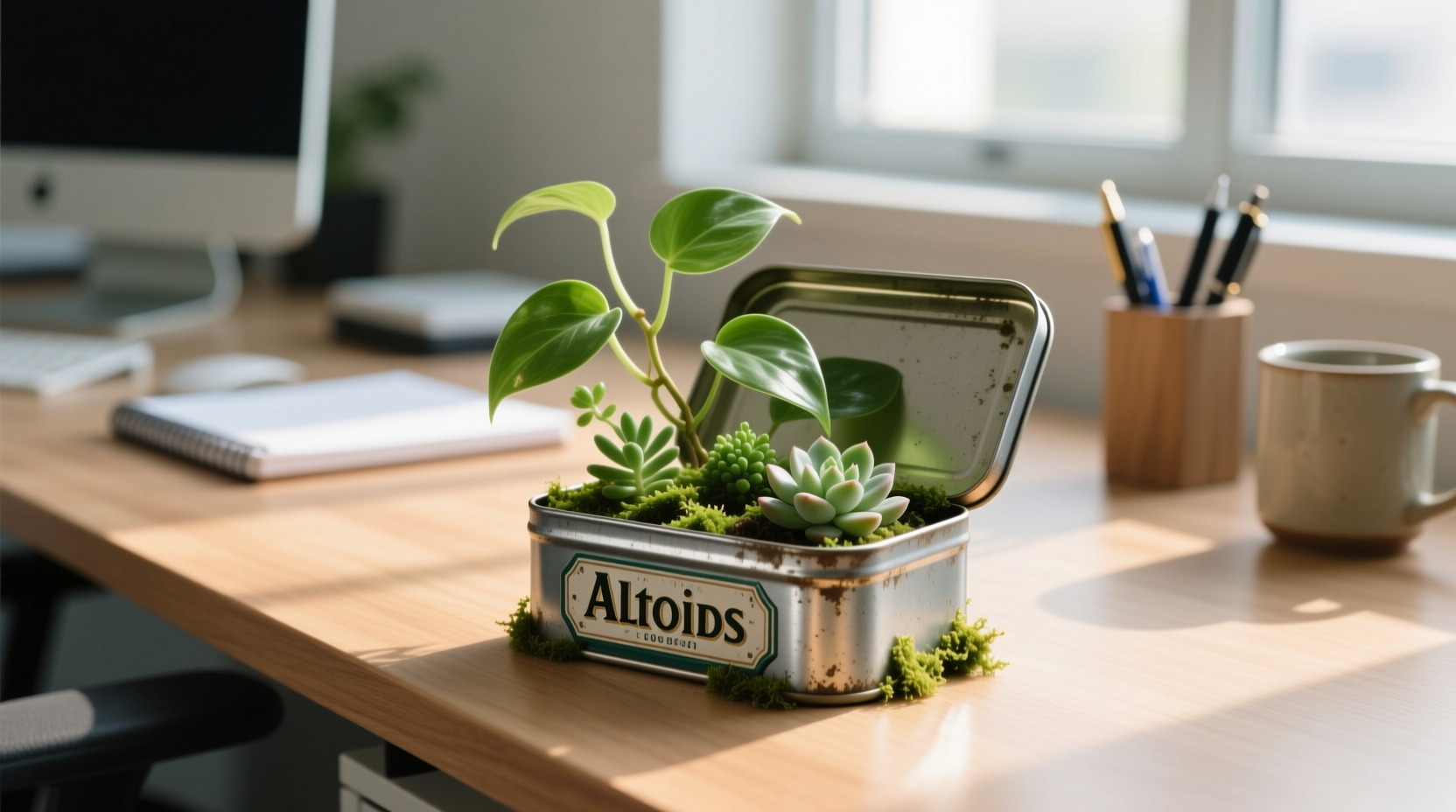 add some greenery to your workspace with an altoids tin