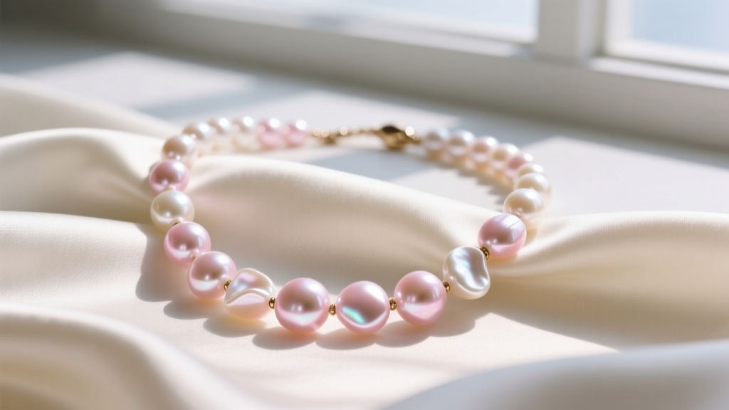 Close-up of an Iris and Lily freshwater pearl necklace with baroque pearls and pink overtones draped over raw ivory silk fabric