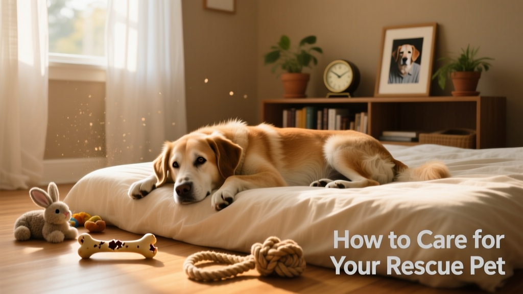 A calm rescue dog resting peacefully in a quiet, sunlit room with a soft bed and nearby toys