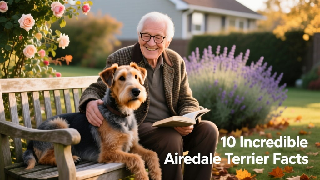 A mature Airedale Terrier resting calmly beside a senior owner on a garden bench, both smiling warmly