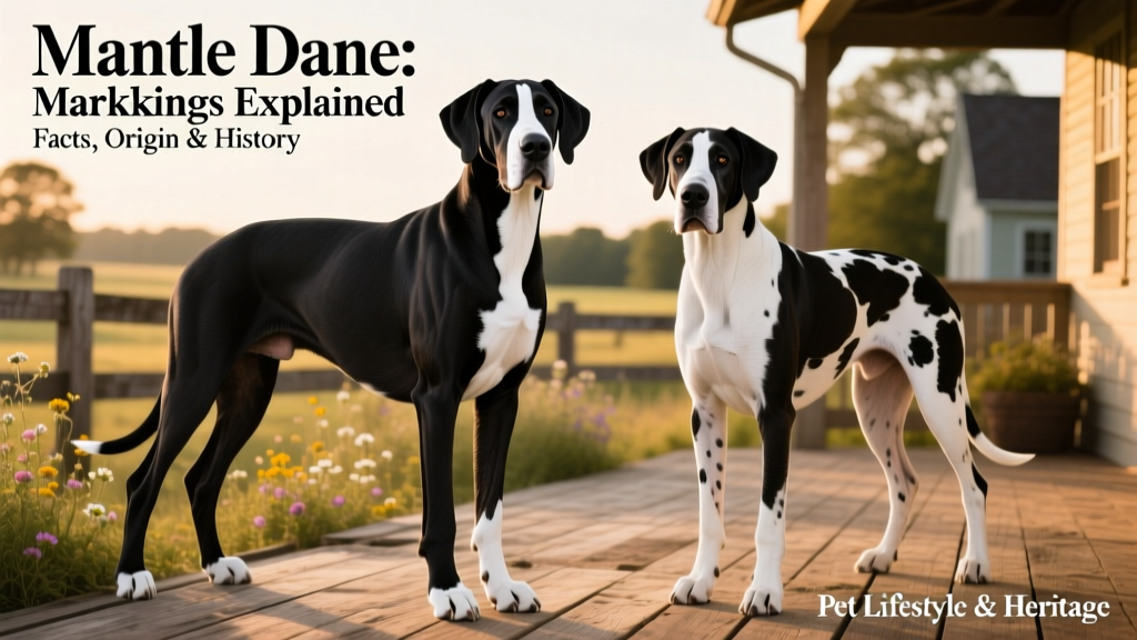 Side-by-side comparison showing correct Mantle markings: black body with symmetrical white chest patch, clean white feet, and a well-defined facial blaze