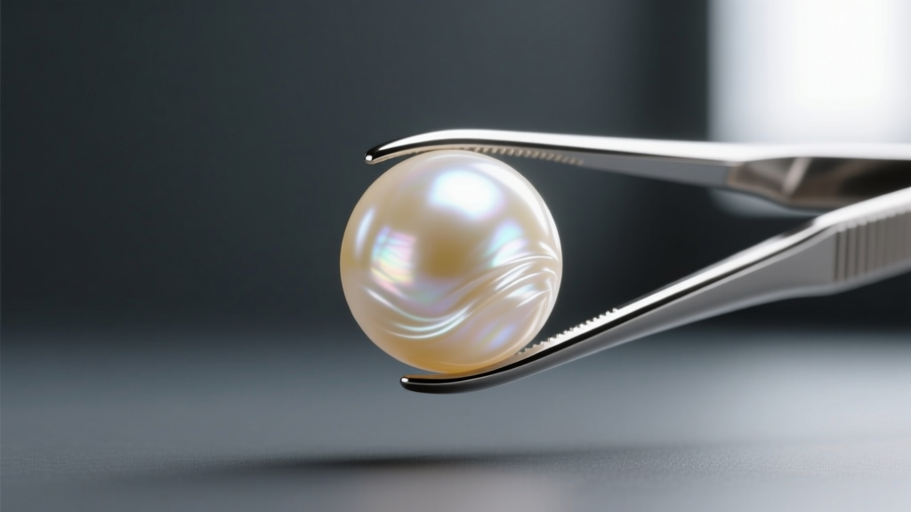 Macro shot of a cream Akoya pearl showing slight nacre clouding, held gently by silver tweezers against a dark slate background