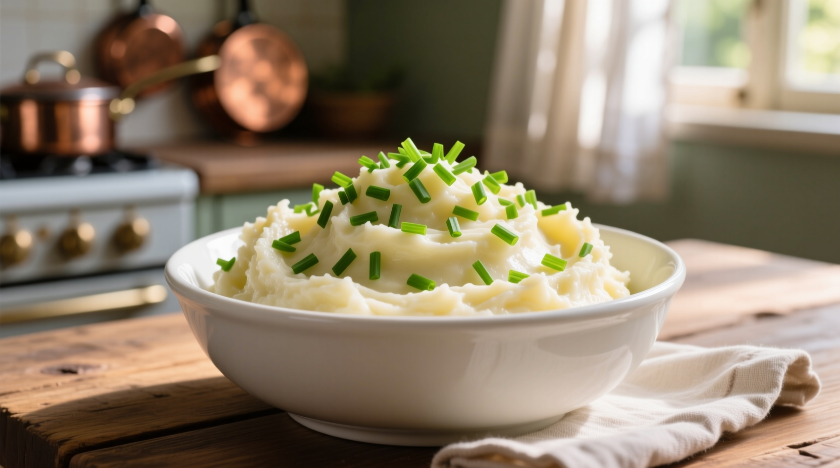 Creamy mashed potatoes in white bowl with fresh chives