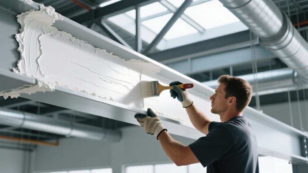 Contractor applying thick white intumescent fireproofing coating to a structural steel I-beam in a commercial building framework