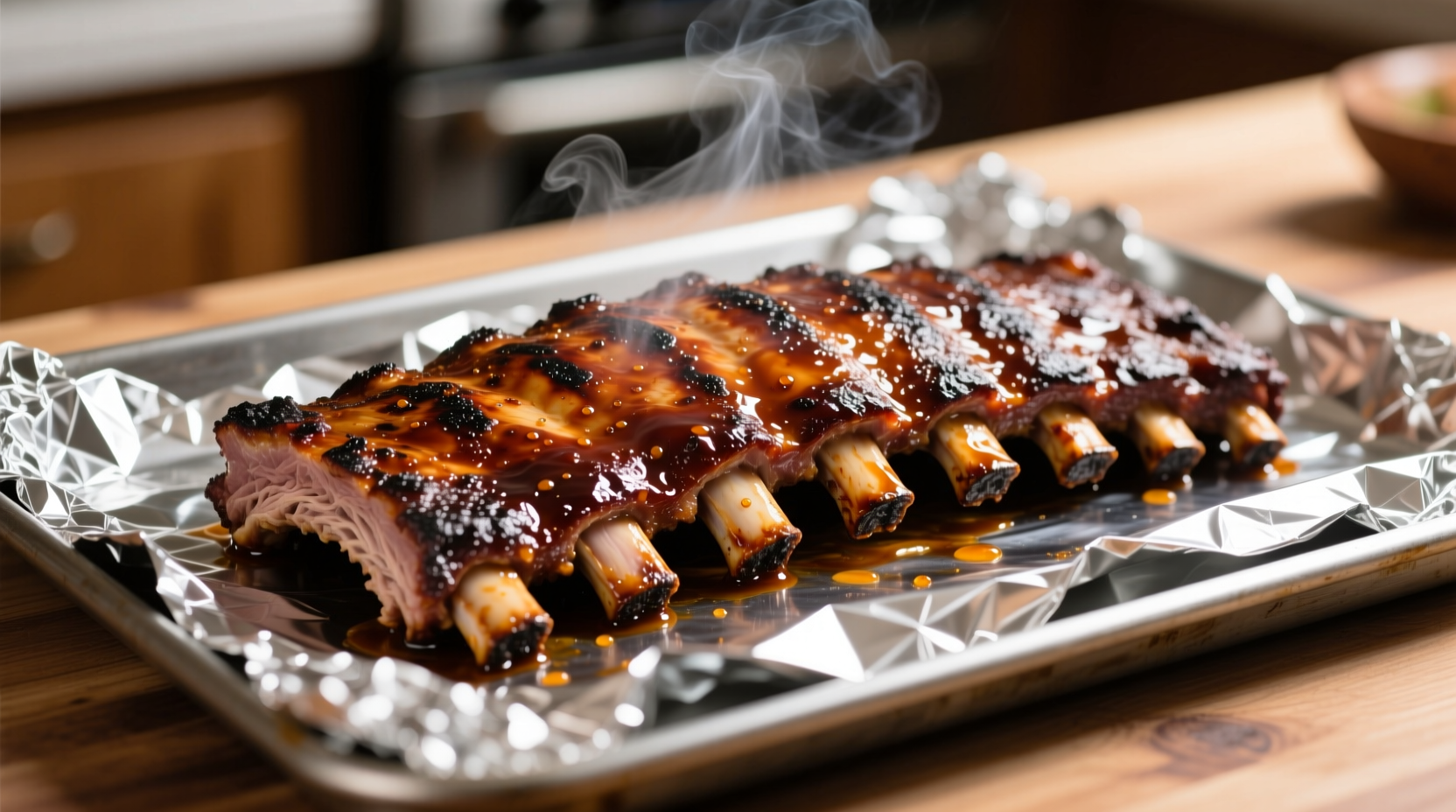 Perfectly cooked rack of ribs on baking sheet with foil