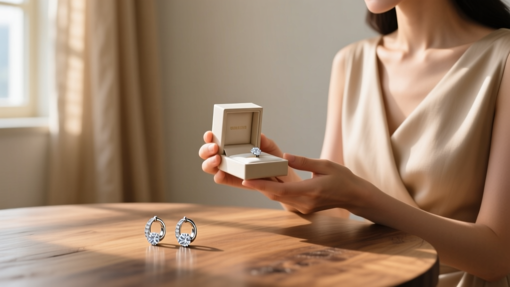 Woman receiving a jewelry box, with 0.75 ct diamond huggie earrings resting on a wooden table in the softly lit foreground.