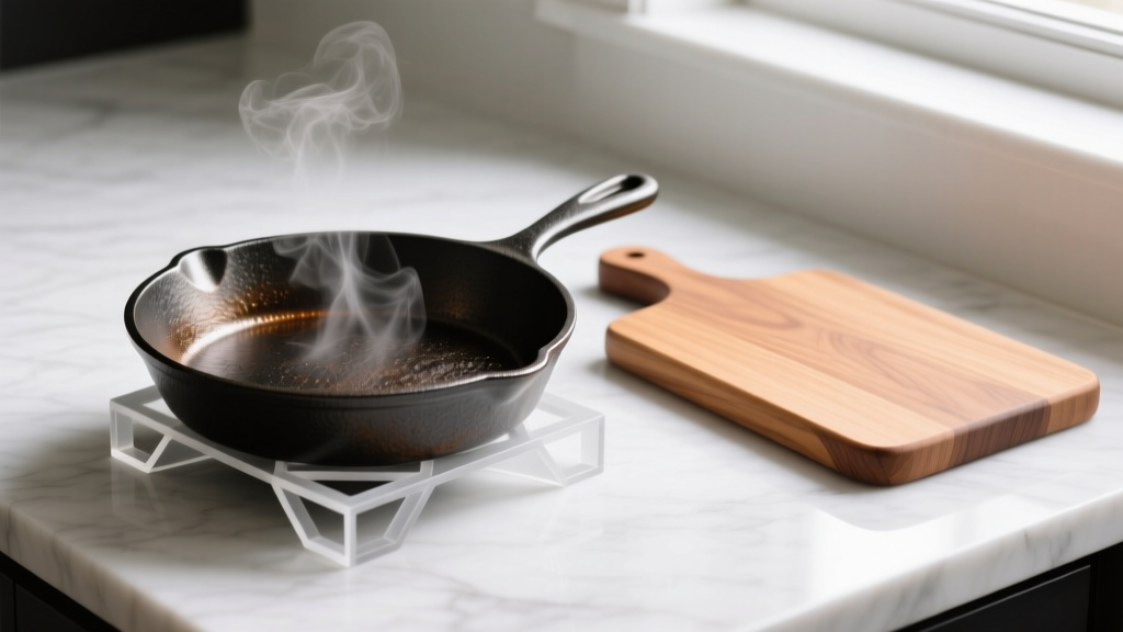 Close-up of a custom 3D printed PETG trivet holding a hot cast iron skillet next to a sealed wooden cutting board on a marble counter