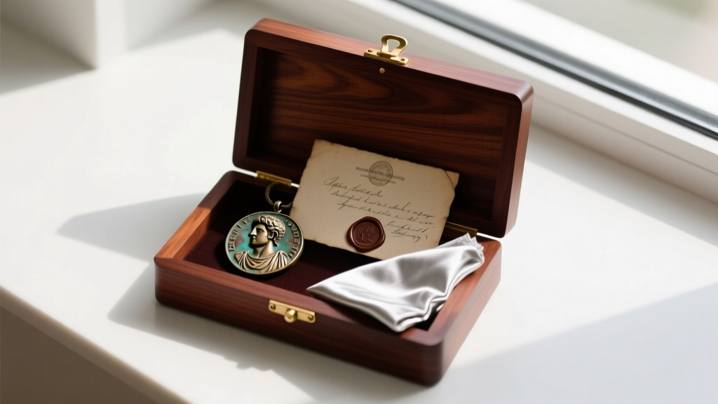 Overhead view of a mahogany box holding a Roman bronze coin pendant, an antique provenance card, and a silver polishing cloth.