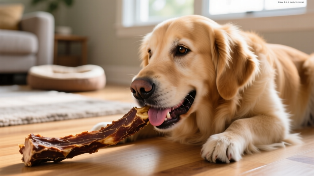 Close-up of a natural, dried bully stick next to a happy dog gently chewing it
