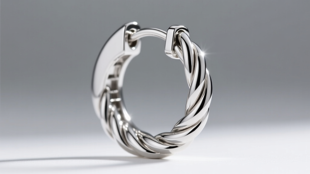 Macro shot of a sterling silver cable hoop earring hinge clasp, showing the interlocking groove and bright rhodium finish.